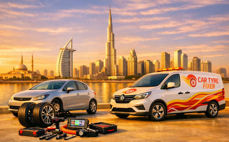 Support vehicle with Dubai skyline in the background